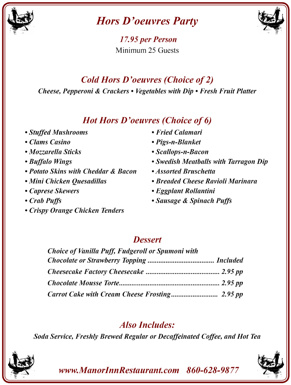 Banquet Services Option: Hors D'oeuvres Party - Manor Inn Restaurant