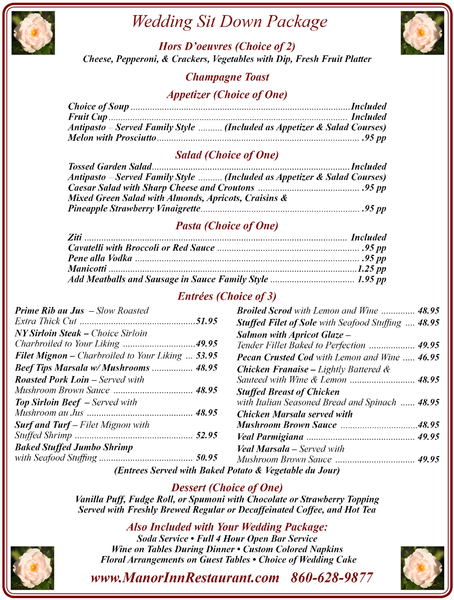 Wedding Sit Down Dinner Menu - Manor Inn Restaurant