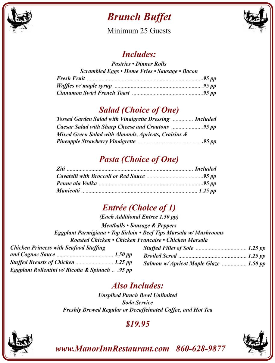 Brunch Buffet Menu - Manor Inn Restaurant, Southington, CT