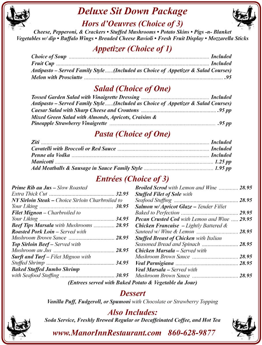 Sit Down Dinner Banquet Menu - Manor Inn Restaurant