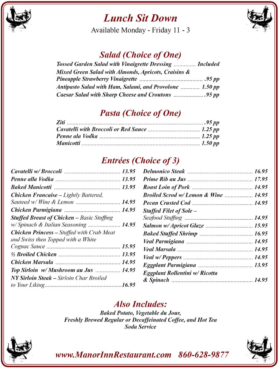 Lunch Sit Down Banquet Menu - Manor Inn Restaurant