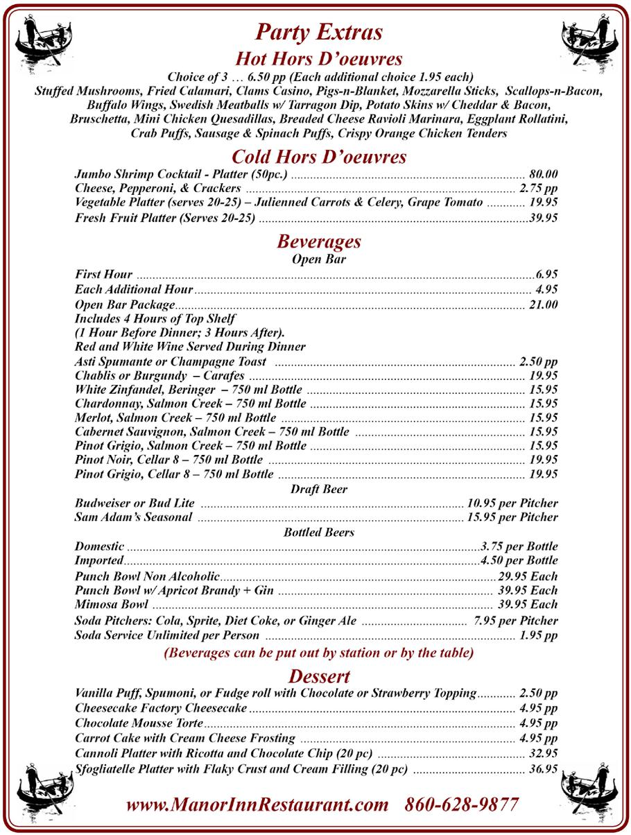 Party Extras Menu for All Manor Inn Banquet Services