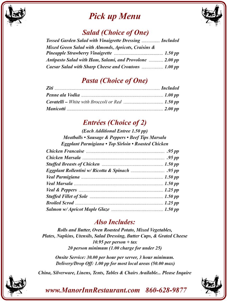 Manor Inn Restaurant Banquet Services - Pick up Menu