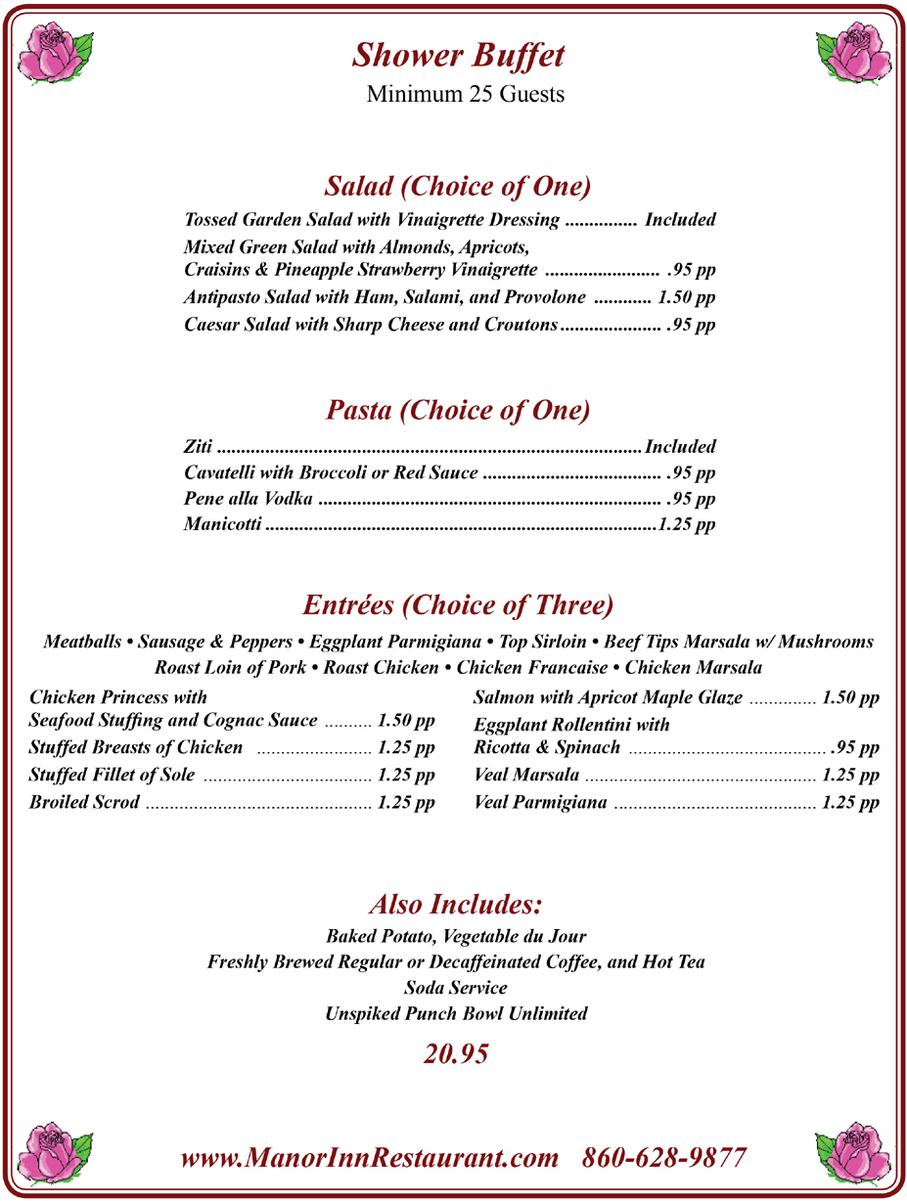 Manor Inn Banquet Services Shower Buffet Menu