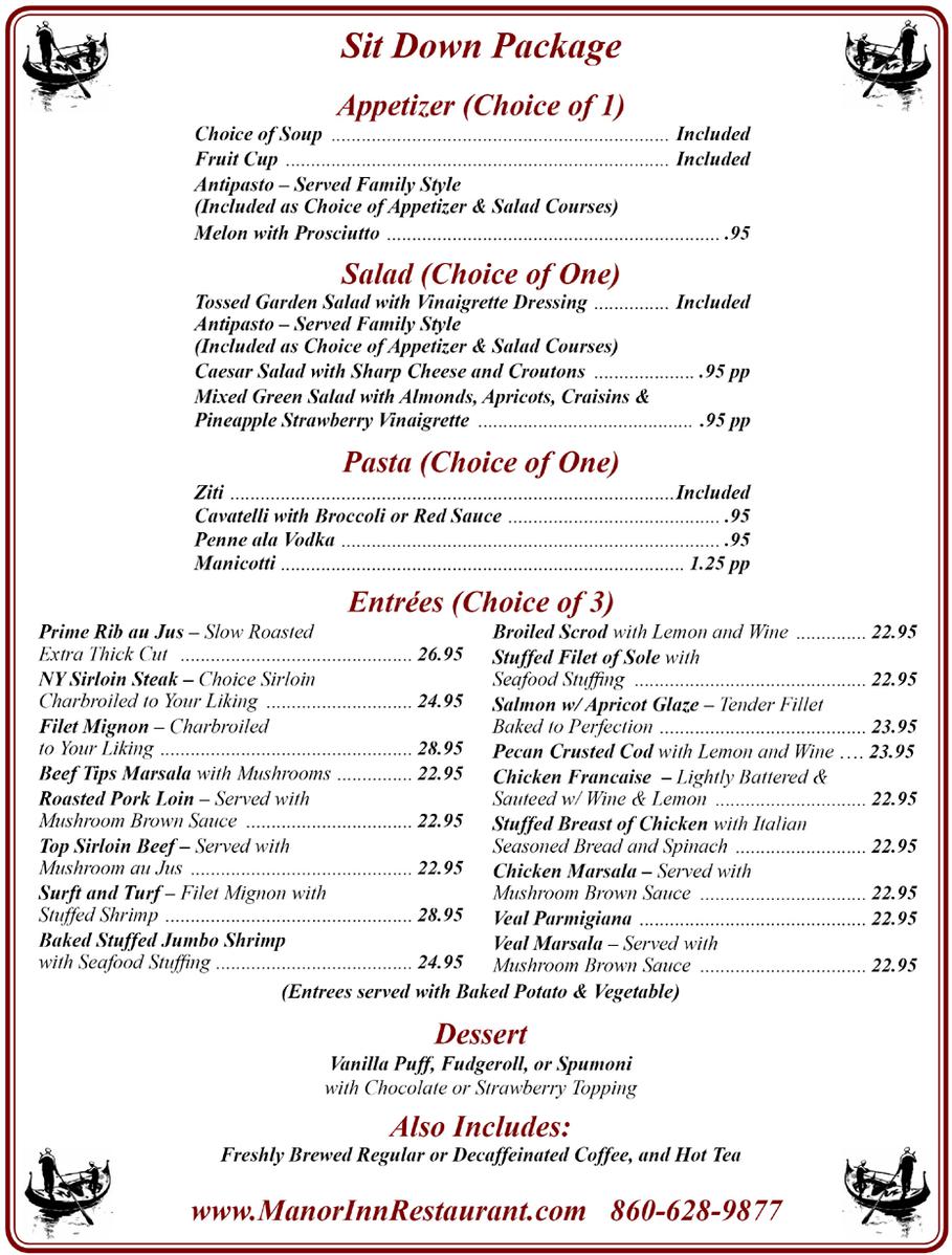 Sit Down Dinner Banquet Menu - Manor Inn Restaurant