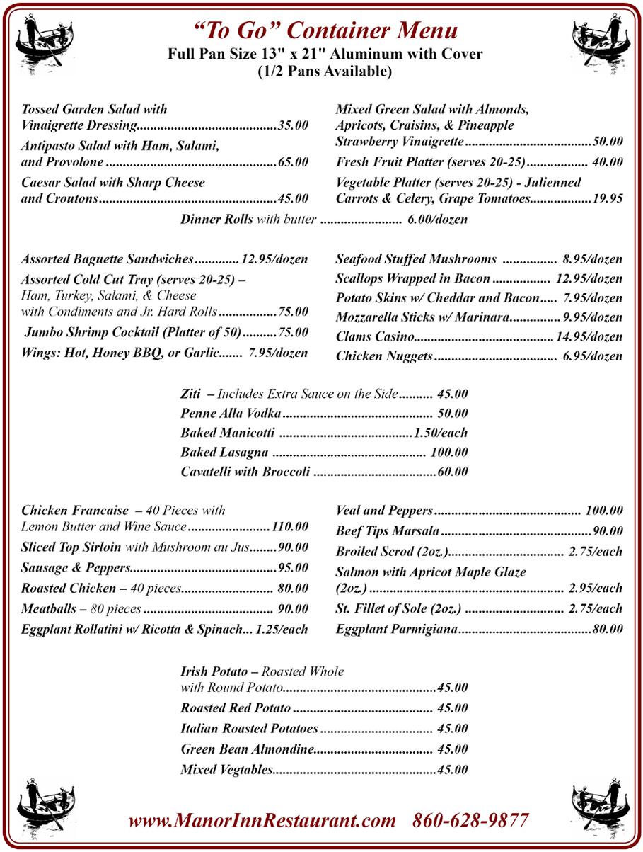 Catering Menu To Go from Manor Inn Restaurant's Banquet Services