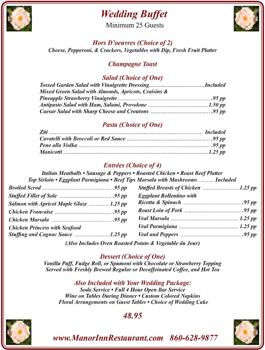 Manor Inn Wedding Buffet Menu